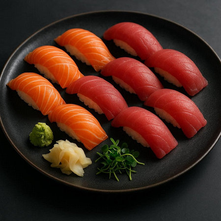 Sushi set with salmon, tuna, salmon, shrimp and seaweedの写真素材