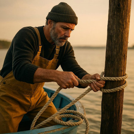 Fisherman pulling a rope on a boat at sunset time.