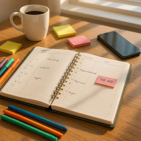 Notebook with To do list, coffee cup and smart phone on wooden table