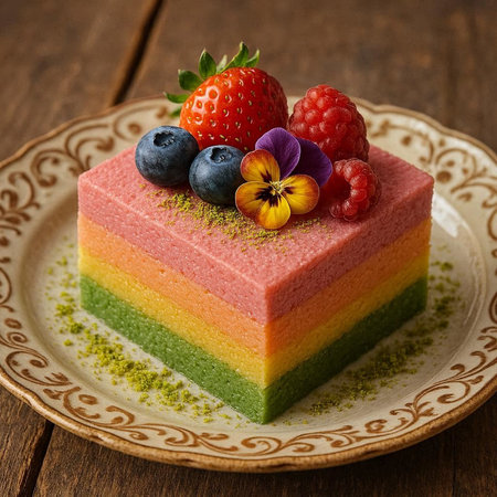 Rainbow cake with berries on wooden background. Selective focus.