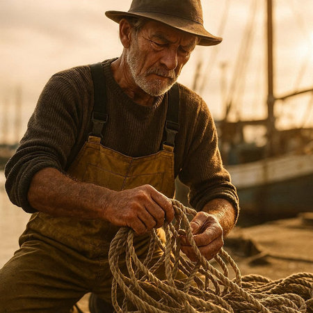 Fisherman working on a fishing boat in the morning light.の写真素材