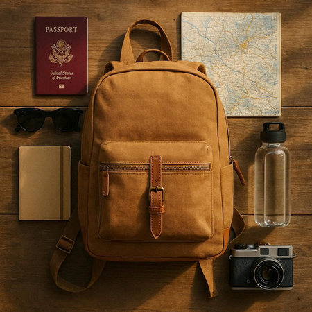 Top view of a backpack, camera, passport and sunglasses on a wooden background