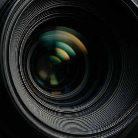 close up of a camera lens with shallow depth of field and blurred backgroundの写真素材