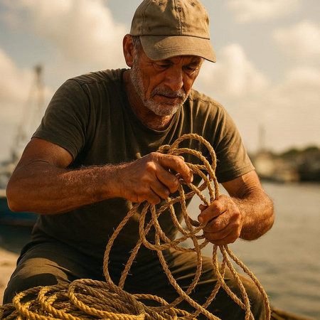 Portrait of an old man with a fishing net on the seashoreの写真素材