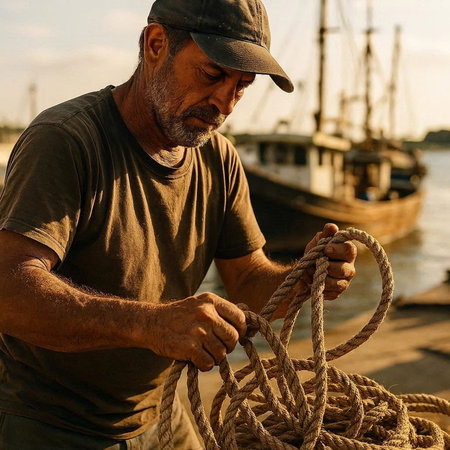 Portrait of an elderly man in a cap and t-shirt with a rope on the pier