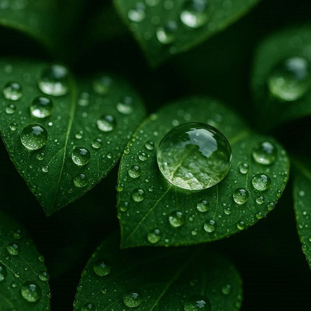 Water drops on green leaves. Nature background. Shallow depth of field.