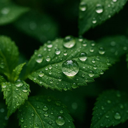 Green leaves with water drops. Nature background. Green leaf with water drops.