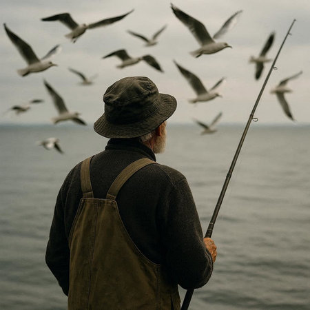 Fisherman with a fishing rod on the seashore.