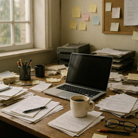 Office desk with laptop, coffee cup and office supplies. Copy space
