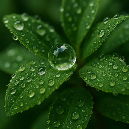 Water droplets on the green leaves. Shallow depth of field.
