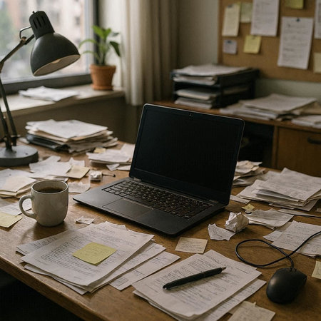 Office desk with laptop and papers. Workplace with computer and documents.