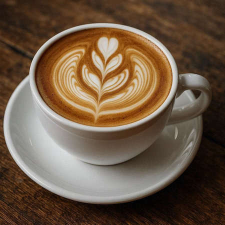 Coffee cup with latte art on wooden table, stock photo