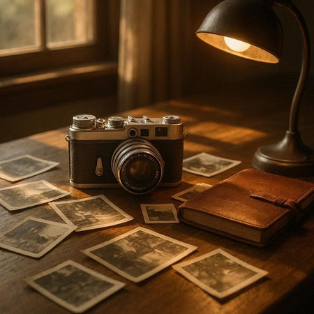 Vintage camera and old photos on a wooden table. Selective focus.