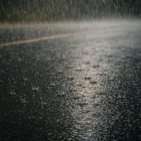 Rain on the road. Raindrops on the asphalt. Rainy weather.