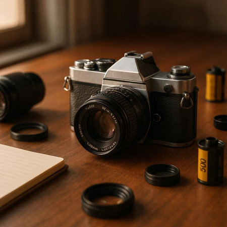 Vintage camera on a wooden table with notepad and camera lens