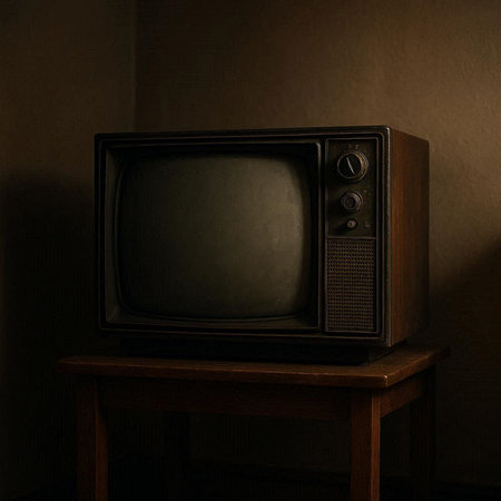 Retro TV on a wooden stool with a dark wall in the background