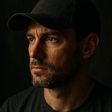 Portrait of a serious man in a cap on a dark background