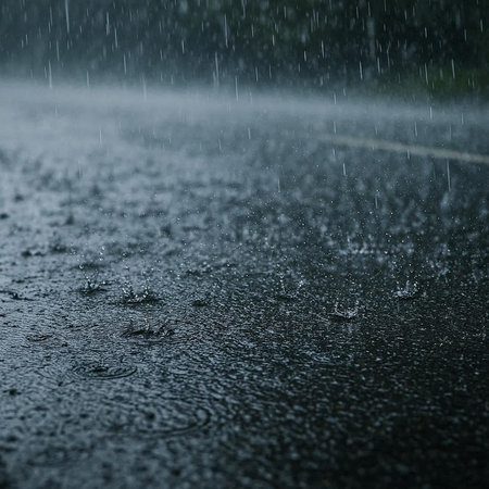 Rain drops on a wet asphalt road. Shallow depth of field.
