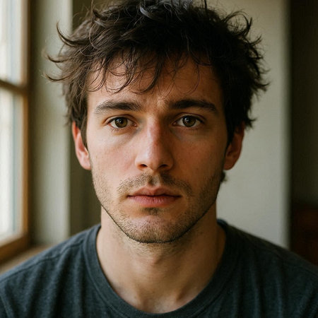 Portrait of a young man with dark hair in a gray sweater