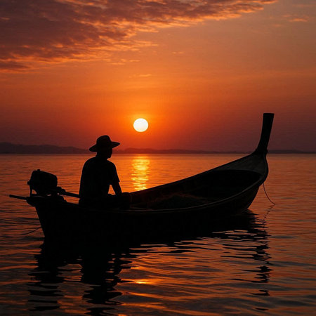 Silhouette of a fisherman on a boat at sunset in Thailand