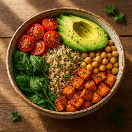 Healthy Buddha bowl with quinoa, chickpeas, tomatoes, avocado and spinach on wooden backgroundの写真素材