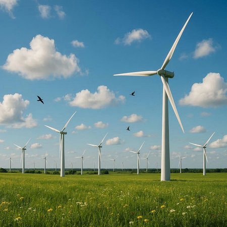 Wind turbines generating electricity on a meadow. Renewable energy concept.