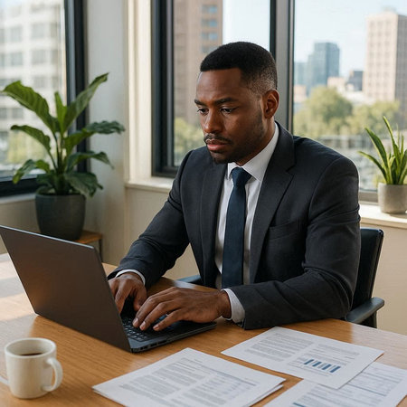 Serious african american businessman working on laptop at workplace in office