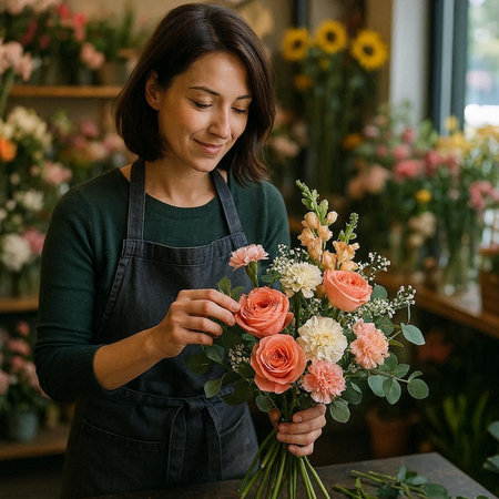 Florist at work. Beautiful bouquet of mixed flowers in female hands.の写真素材