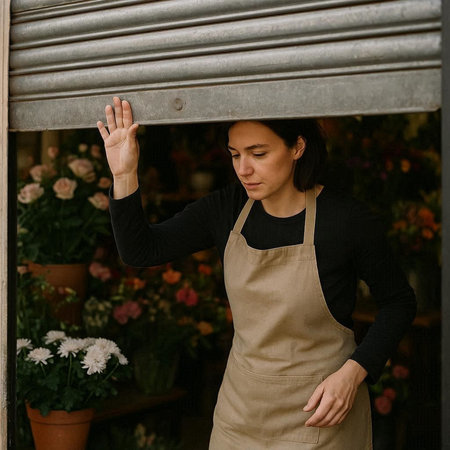 Young woman florist in apron standing near the window.の写真素材