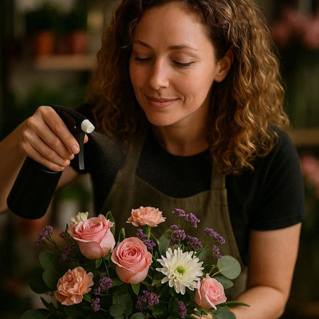 Young woman florist working in flower shop, making bouquet of flowers