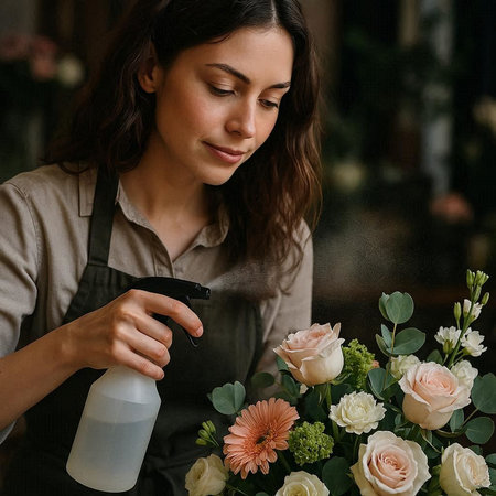 Woman florist working in a flower shop, making bouquetsの写真素材