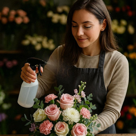 Young woman florist working in flower shop, making beautiful bouquetの写真素材