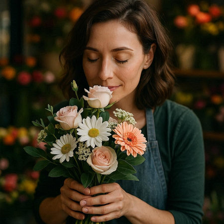 Beautiful young woman florist with a bouquet of flowers