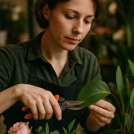 Female florist cutting green leaves with scissors in flower shop.の写真素材