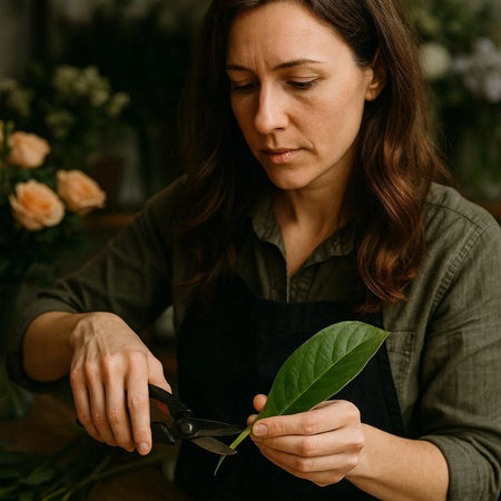 Young woman florist cuts a green leaf with scissors in a flower shop