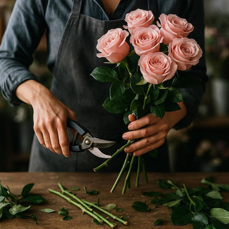 Florist cutting roses with secateurs in flower shop. Florist making bouquet of pink roses.