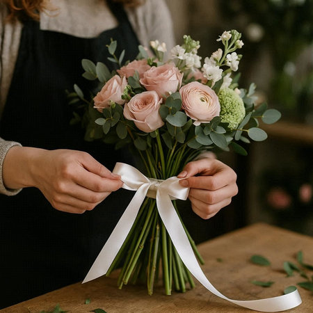 Florist making beautiful bouquet with pink and white roses, eucalyptus branches and eucalyptus...
