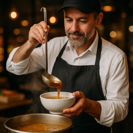 Handsome mature male chef is preparing soup in a restaurant.の写真素材