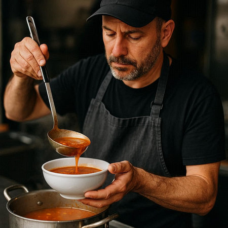 Close-up of a man in a cap and a black t-shirt cooking soup in a restaurant kitchen.