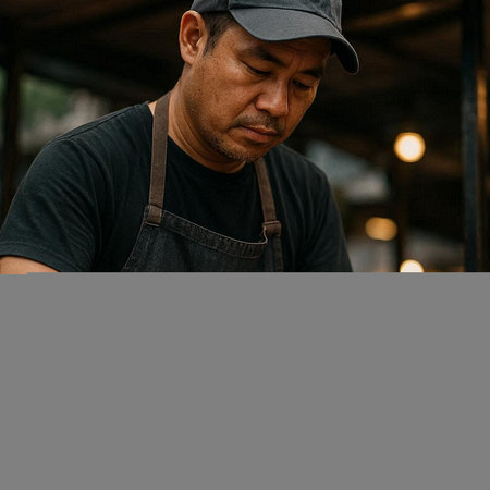 Asian man wearing a cap and apron working in the coffee shop.