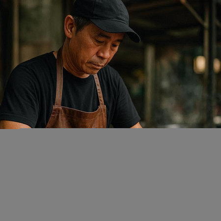 Asian elderly man wearing a brown apron and cap working in coffee shop.