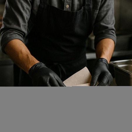 Cropped image of male hands in black gloves holding cardboard box.