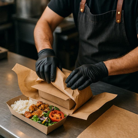 Cropped image of male chef in apron holding takeaway food in paper bag at cafeの写真素材
