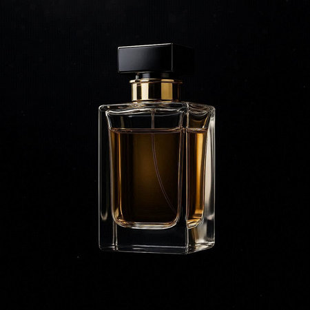 Perfume bottle isolated on black background. Luxury fragrance.