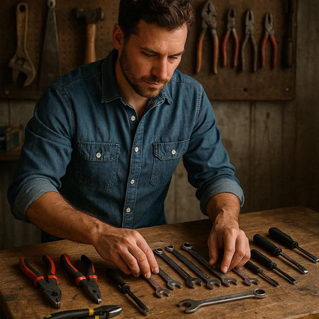 Handsome caucasian carpenter working with various tools in his workshop
