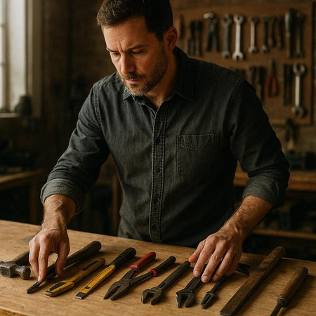 Carpenter working in his workshop. Close up of a cobbler working with tools.