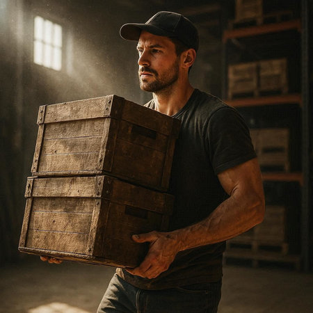 Portrait of a handsome bearded man holding a wooden box in a warehouse.