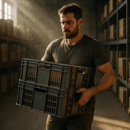 Man with a box in his hands in a warehouse. A man with a box in his hands.の写真素材