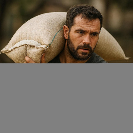 Portrait of a farmer carrying a large burlap sack in his hand