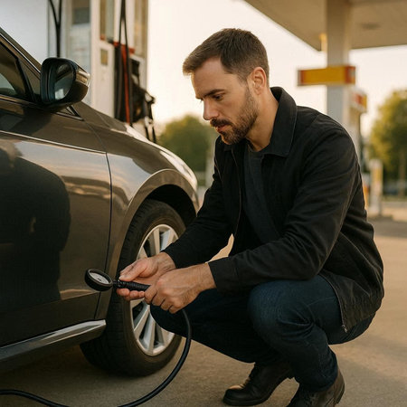Side view of a bearded man checking the oil in the tank of his car.の写真素材